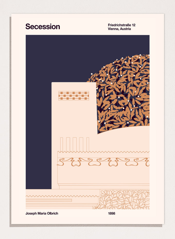 Poster design with geometric patterns and text on a dark blue and beige background. Vienna Secession Building by Florent Bodart is a modern architectural art print inspired by Vienna Secession design, a minimalist wall poster with geometric detail and warm tones.