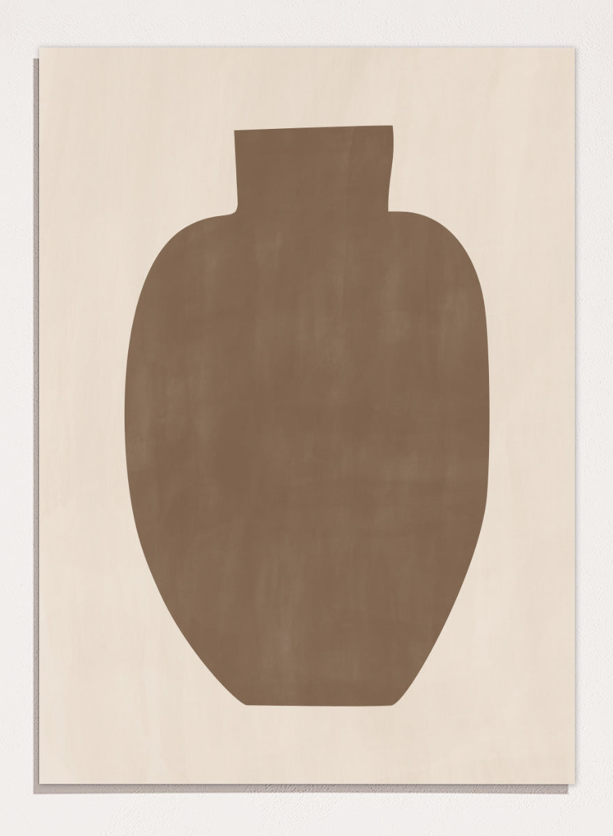 Shop Earthy Abstract Vase by Elena Ristova, a modern minimalist wall art print poster featuring an oversized brown vase silhouette on a soft cream background.