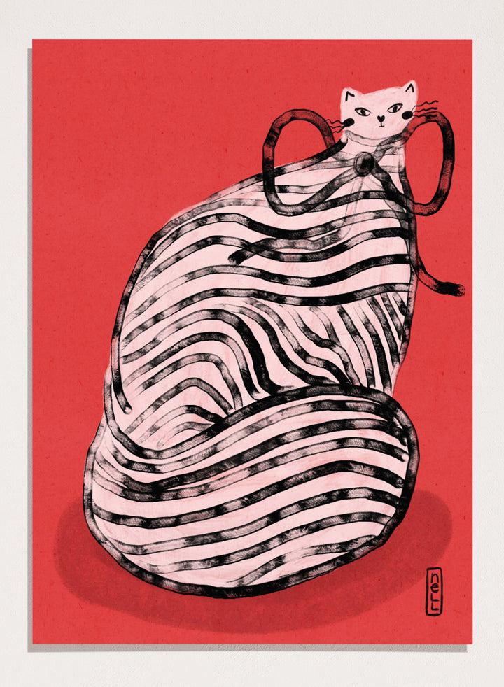 Illustration of a cat inside a ball of yarn on a red background. Black and White Striped Cat by Dirkie Nell is a playful cat art print featuring bold stripes and a red background. A colorful modern animal wall poster.