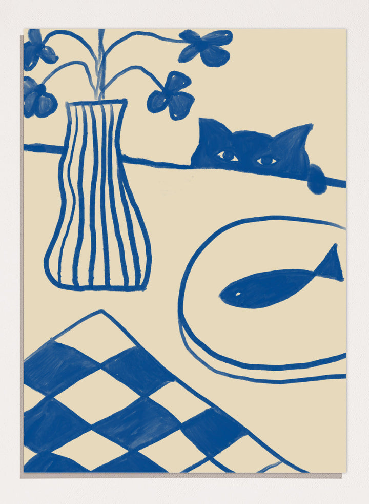 A framed art print featuring a hand-drawn style illustration in blue ink on a warm cream background. The design includes a striped vase with flowers, a cat peeking over a line, a fish on a plate, and a harlequin check pattern in the lower left corner. Blue Cat And Fish by The Art Concept is a playful cat art print featuring a curious blue cat, fish plate, striped vase, flowers, and checkered tablecloth.
