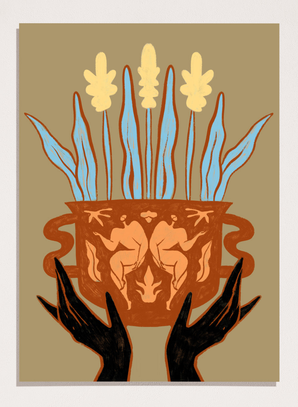 Decorative illustration of a vase with floral design and hands holding it, on a beige background. Vessel Collection: Growth by Arty Guava art print, modern vase wall poster with botanical illustration, contemporary minimalist line artwork.