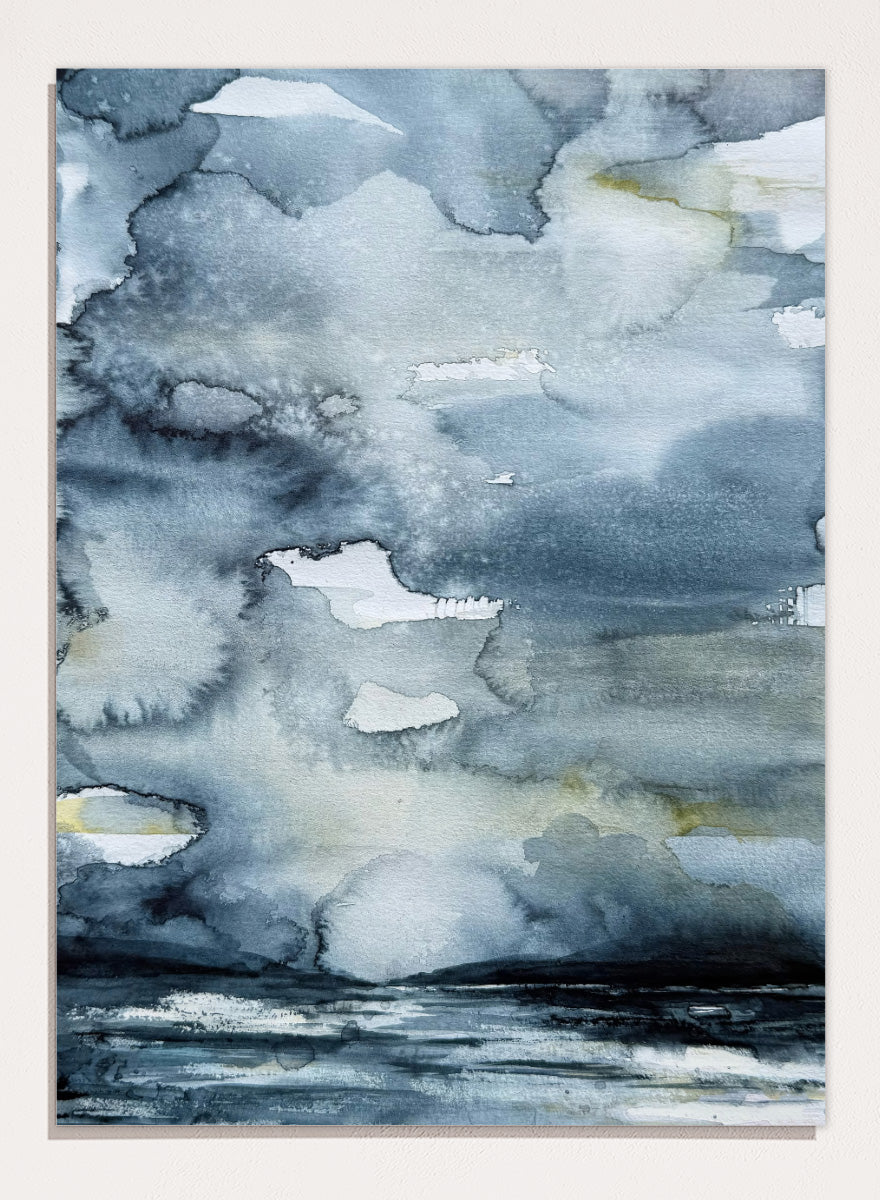 Shop Moody Sea Horizon by Helena Ryhle, a watercolor sea landscape wall art print poster with a blue-grey horizon and atmospheric coastal mood.