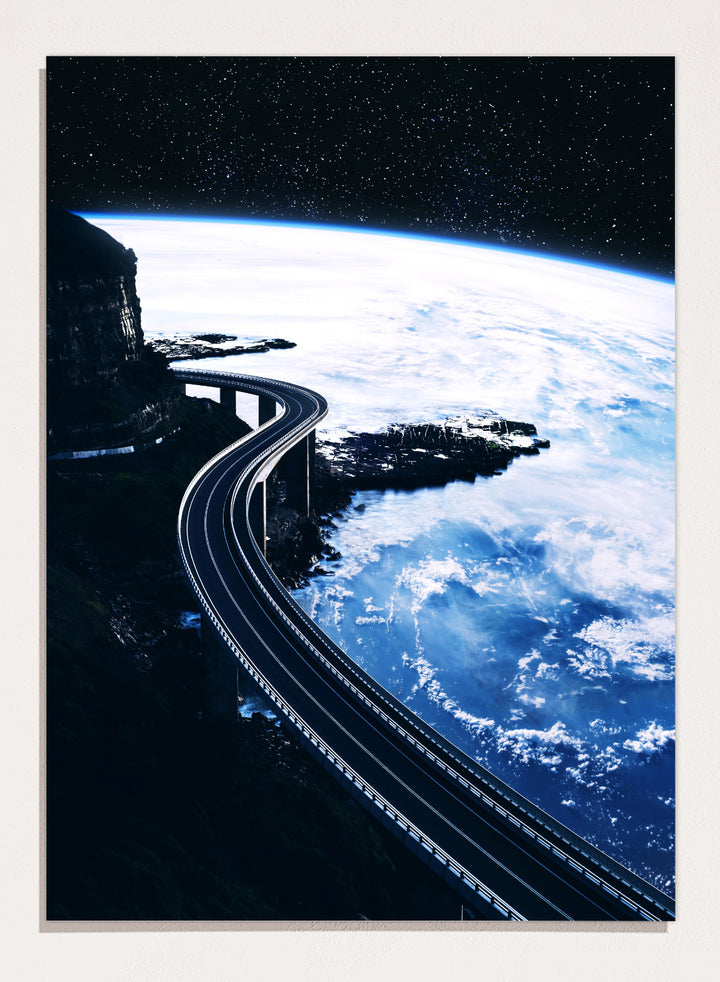 Artistic depiction of a road curving around the Earth with a starry night sky. Road To Infinity by Taudalpoi surreal space highway art print with winding road above Earth and starry sky, retro cosmic collage poster wall art.