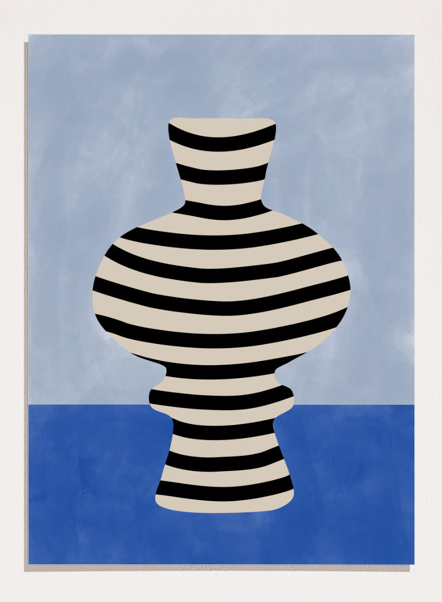 Shop Modern Striped Vase by Elena Ristova, a modern still life wall art print poster featuring a black-and-cream striped vase against soft blue tones.