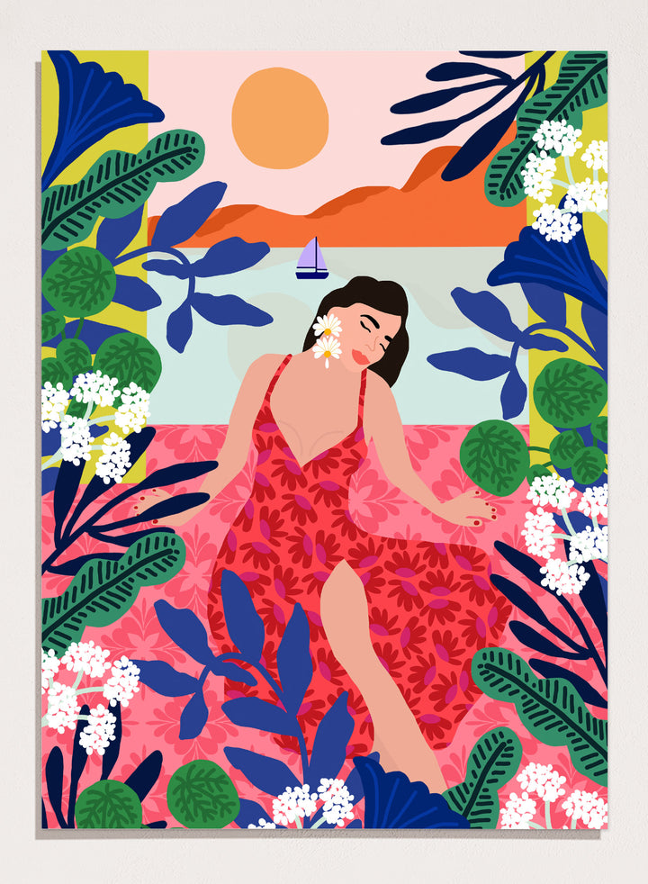 Woman in a red dress surrounded by tropical plants and flowers with a colorful sky. Floral Sunset Girl by Rafaela Mascaro is a vibrant tropical art print featuring bold florals, lush botanicals, coastal views, and colorful contemporary illustration.