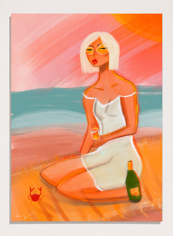Artistic illustration of a woman sitting on a beach with a sunset background. Sunset Beach Woman by Amy Straley is a contemporary figurative art print featuring a feminine coastal portrait, sunset colors, and modern expressive artwork.