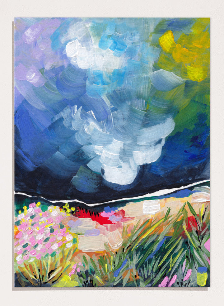 An expressive landscape painting featuring a dark blue stormy sky with swirling brushstrokes and a foreground of green grasses, pink flowers, and yellow-green foliage. Shop Vibrant Abstract Field Sky by Dirkie Nell, a colorful abstract landscape art print featuring wildflowers, open fields, and a dramatic blue sky.