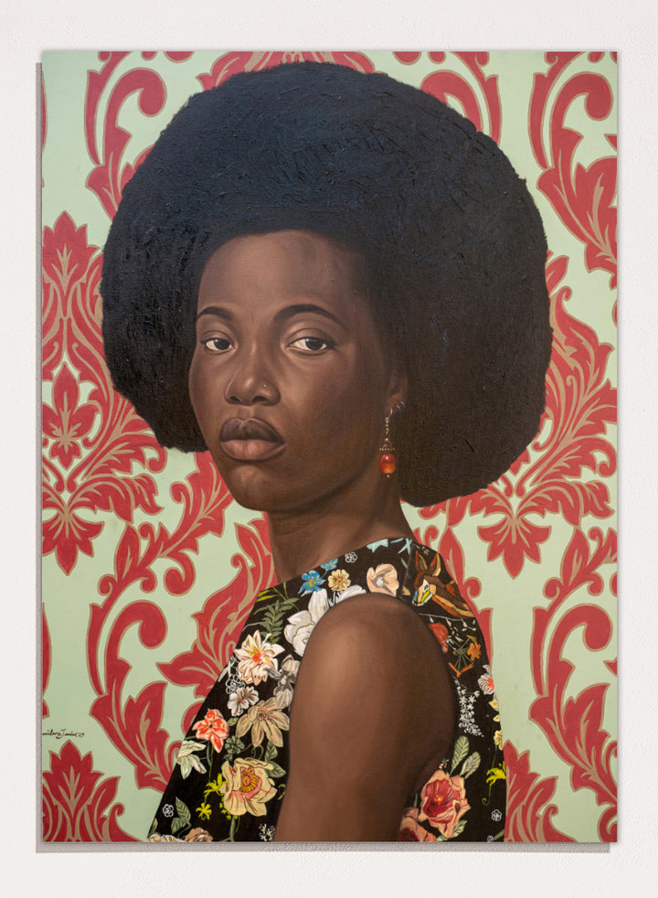 A portrait painting of a woman with a large dark afro hairstyle, wearing a floral-patterned sleeveless top, set against a red and cream damask wallpaper background. Shop Elegant Afro Floral Portrait by Damilare Jamiu, a contemporary portrait art print featuring a woman with afro hair, floral fashion, and rich green and coral tones.