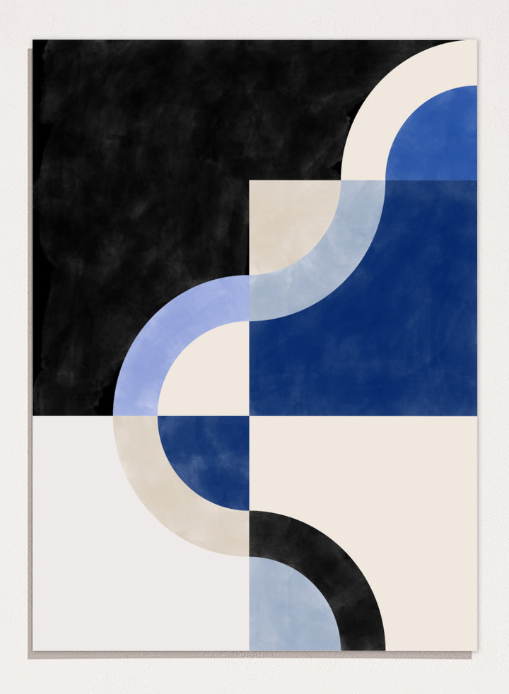 Shop Abstract Curves Flow by Elena Ristova, a modern abstract wall art print poster featuring sweeping blue curves, cream blocks, and bold black accents.