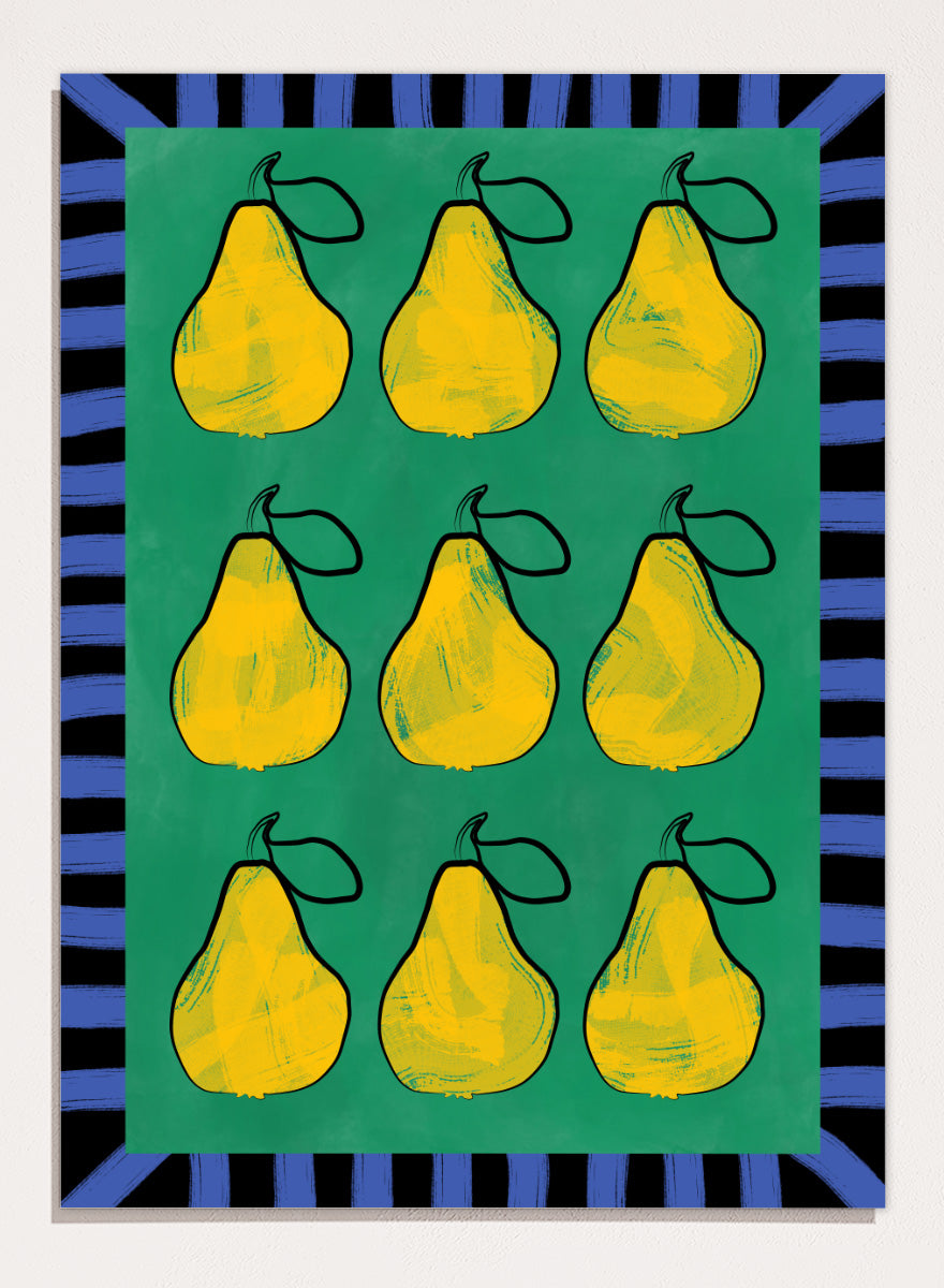 Shop Vibrant Pears Grid by Elena Ristova, a colorful pear wall art print poster in yellow, green, and blue with a bold graphic grid design.