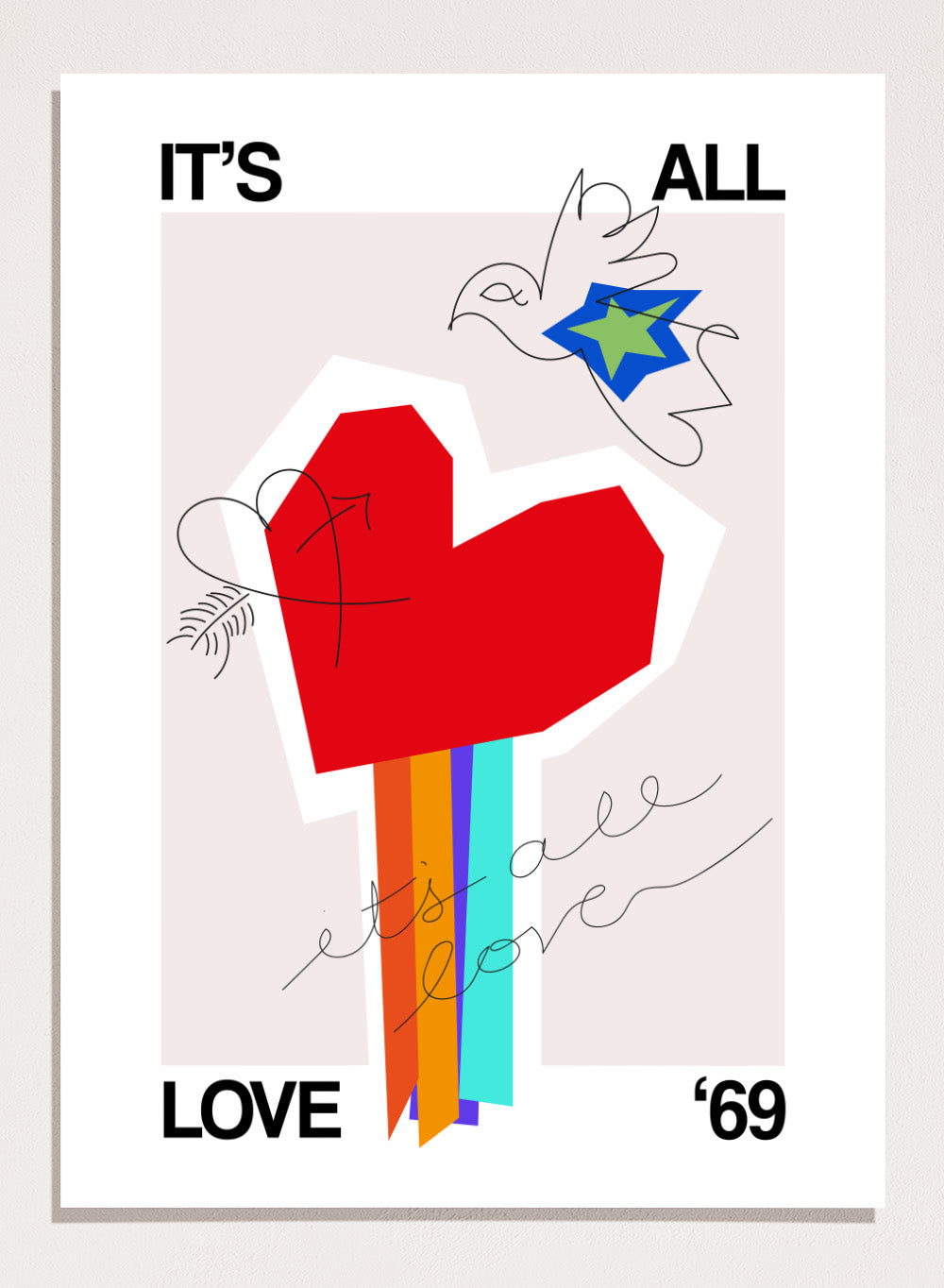 Colorful abstract design with a red heart and text on a light background. It’s All Love ’69 Heart Greige by Frances Collett is a colorful heart art print with rainbow stripes and expressive linework. Officially licensed contemporary wall poster with optional framing.
