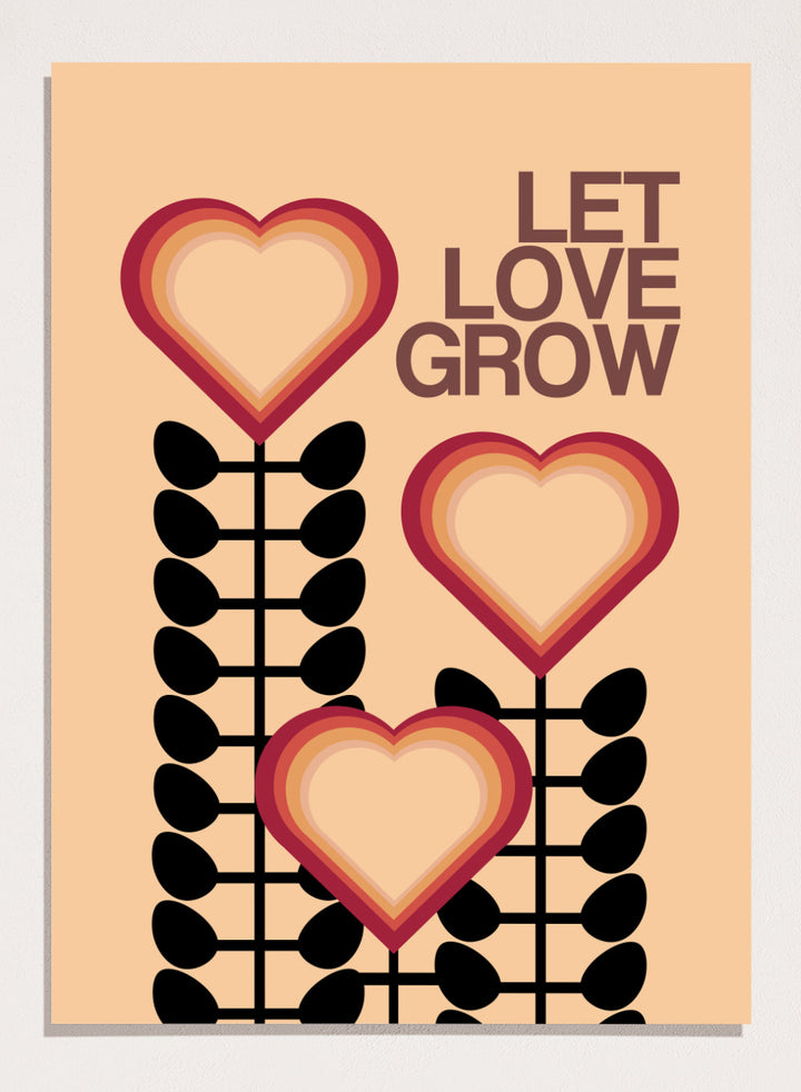 Decorative poster with hearts and leaves on a beige background with 'Let Love Grow' text. Let Love Grow by Frances Collett art print featuring heart-shaped flowers, bold stems, and retro colors. Officially licensed wall poster with optional framing.