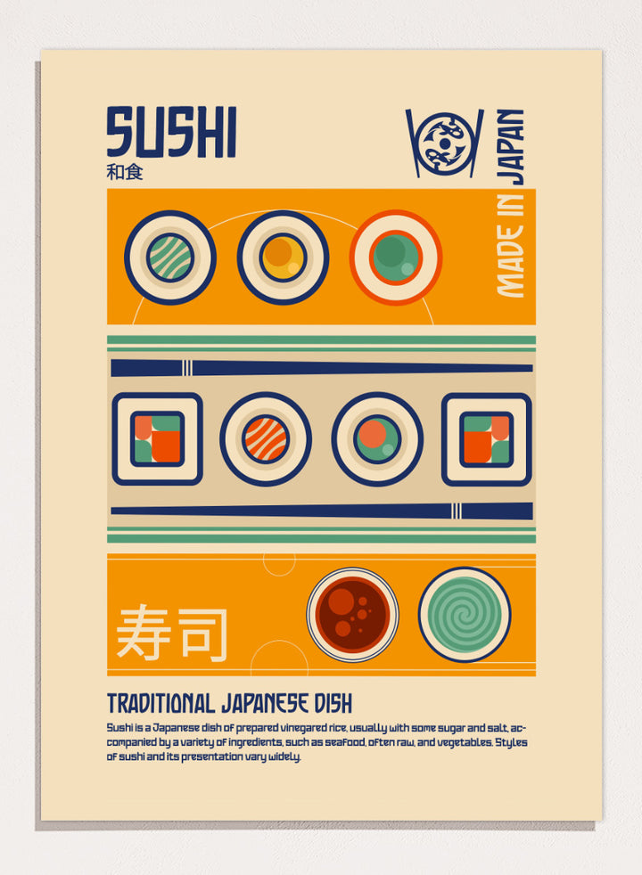 A retro-style graphic poster of Sushi, featuring Japanese-inspired geometric patterns, sushi illustrations, and descriptive text on a beige background. Sushi Japanese Food Print by Retrodrome retro kitchen art featuring sushi rolls, soy sauce, geometric shapes, and bold Japanese-inspired graphic design.
