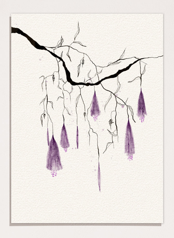 A framed art print featuring a delicate black ink sketch of willow branches with hanging purple blossoms on a textured off-white background. Shop Purple Hanging Blooms by Ankie Kooi, a floral wall art print poster with hanging purple flowers, botanical branch art, watercolor florals, black, and cream.