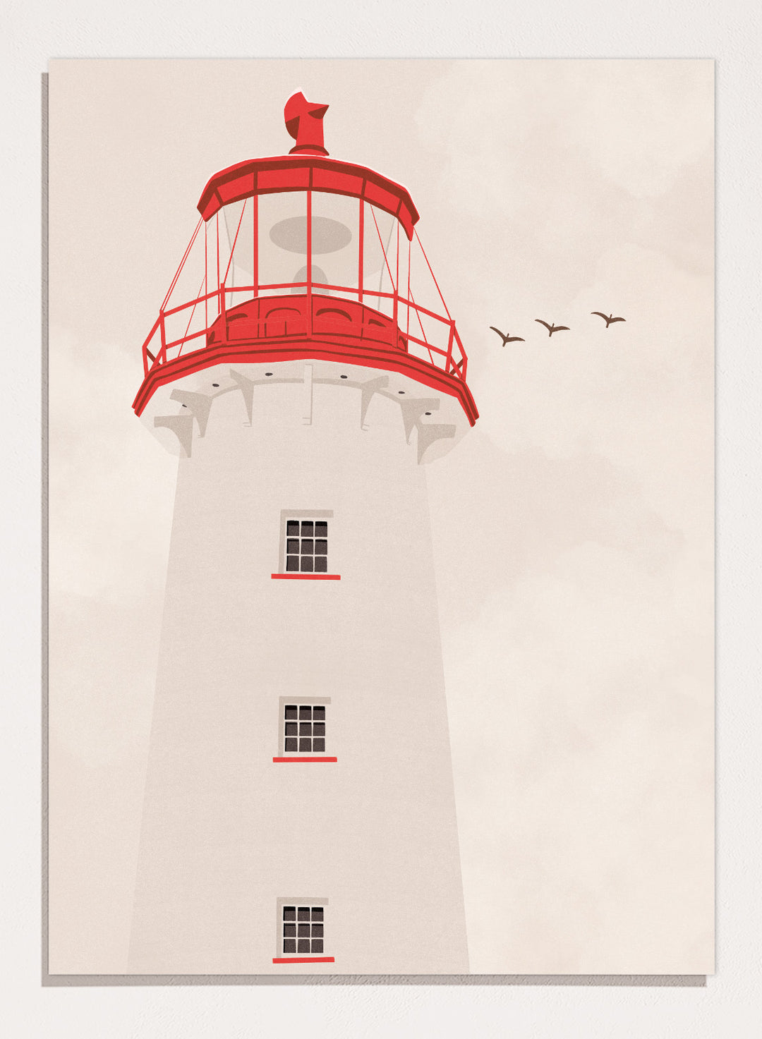 A stylized art print of a lighthouse with a white tower, a red lantern room, and a red lightning rod, set against a warm beige sky with three flying birds.  Coastal Red Lighthouse by Lisa Solomoniuk premium framed fine art print featuring a white lighthouse with bright red details beneath a pale coastal sky.