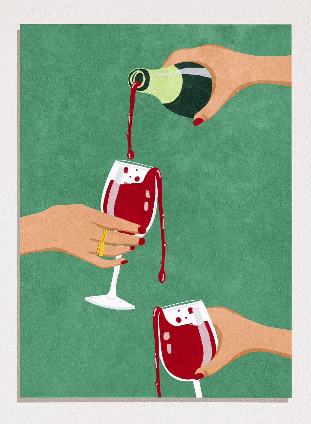 Illustration of hands pouring red wine into glasses on a green background. Cheers Girls by Raissa Oltmanns is a modern wine art print featuring bold red glasses and contemporary girl dinner party wall poster style.