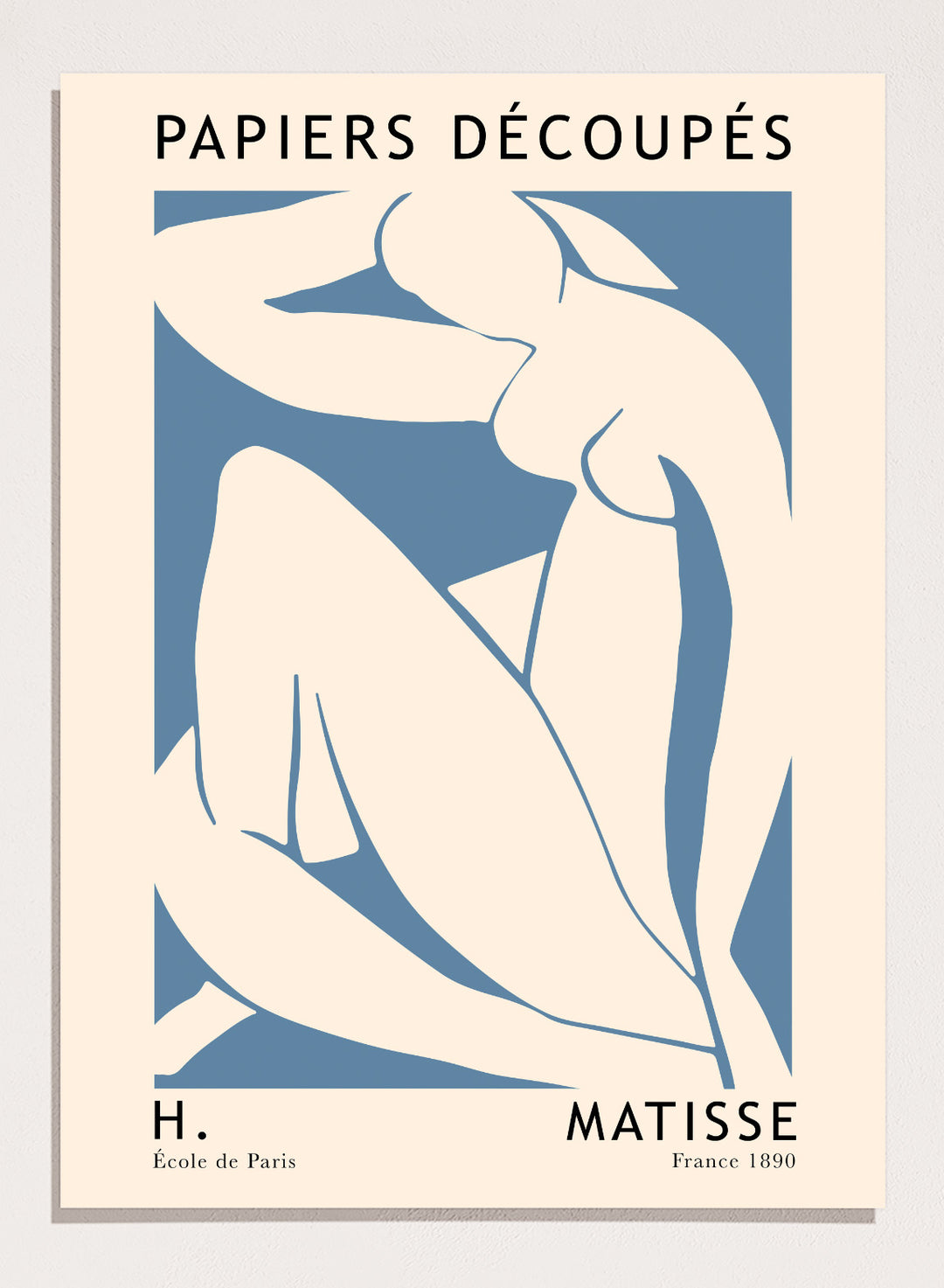 Inspired by Henri Matisse's Artwork The Blue Nudes II 1952, this lithograph wall art print showcases illustration of sitting nude figure against blue background. Featuring abstract graphics and text, this Papiers Découpés vintage exhibition poster by MoMa is perfect for any boho, eclectic, retro, or minimalist space.