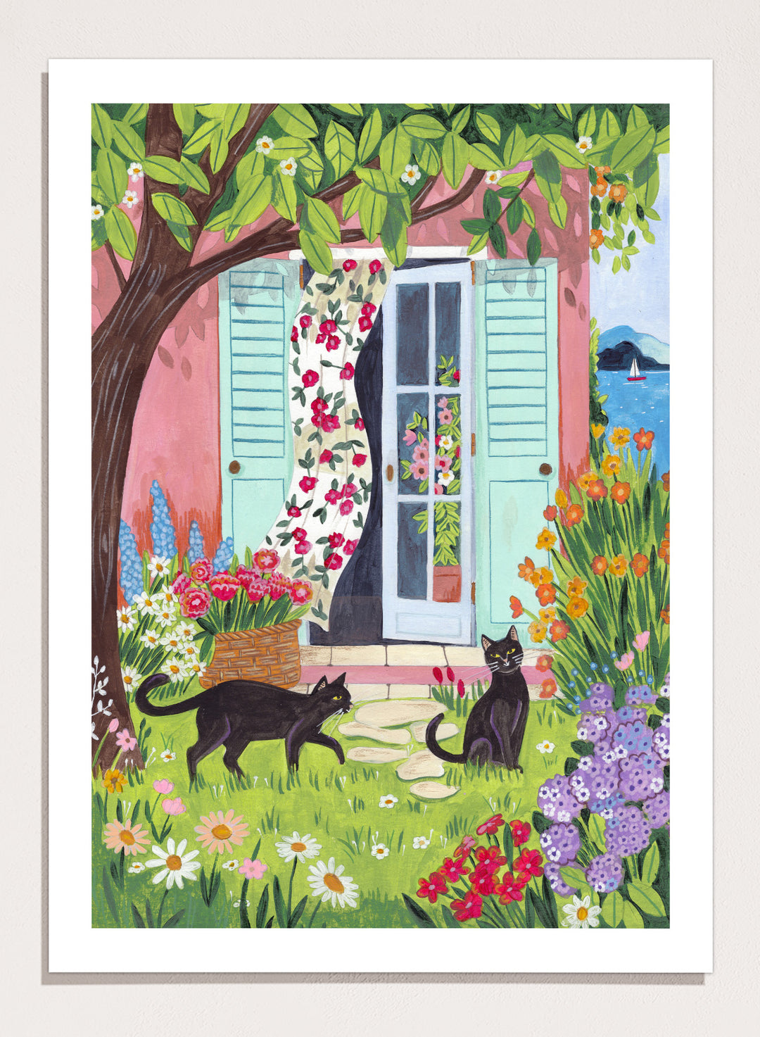 Garden Cats by the Sea by Caroline Bonne Müller is a colorful coastal garden art print featuring cats, florals, and seaside home in a modern aesthetic illustration style.