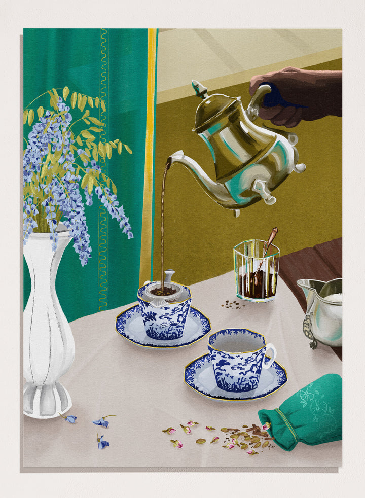 Tea being poured from a teapot into a cup on a table with a vase of flowers and a glass. I Despise English Tea by Goed Blauw is a still life art print and wall poster featuring tea being poured into patterned cups with bold green and gold tones.