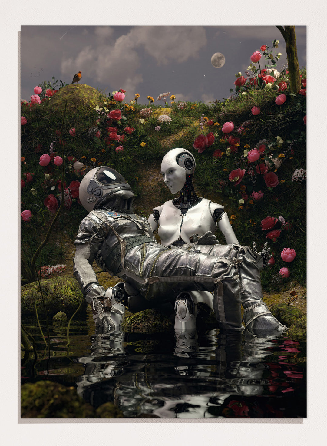 Moonlit Robot Embrace by Nicebleed is a surreal astronaut and android art print with moonlight, water reflection, and floral landscape in modern sci-fi aesthetic.