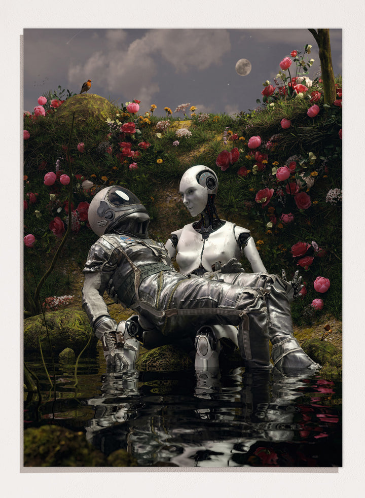 Moonlit Robot Embrace by Nicebleed is a surreal astronaut and android art print with moonlight, water reflection, and floral landscape in modern sci-fi aesthetic.