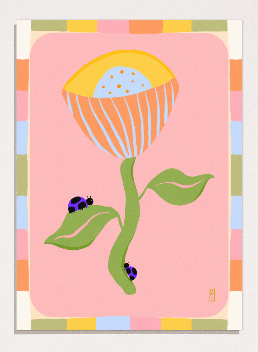 A stylized art print featuring a large flower with a yellow and orange striped bloom, green stem and leaves, and two ladybugs on a pink background with a multicolor border. Shop Pastel Flower Ladybugs by Dirkie Nell, a playful floral and insect art print featuring an oversized pastel flower, purple ladybugs, and a colorful retro border.