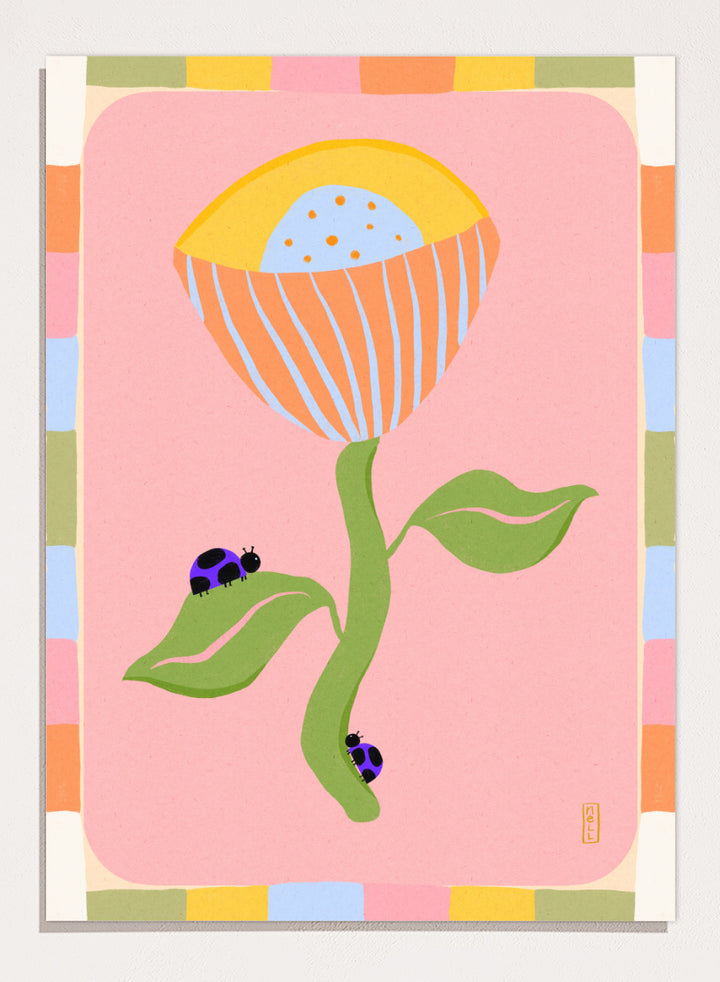 A stylized art print featuring a large flower with a yellow and orange striped bloom, green stem and leaves, and two ladybugs on a pink background with a multicolor border. Shop Pastel Flower Ladybugs by Dirkie Nell, a playful floral and insect art print featuring an oversized pastel flower, purple ladybugs, and a colorful retro border.