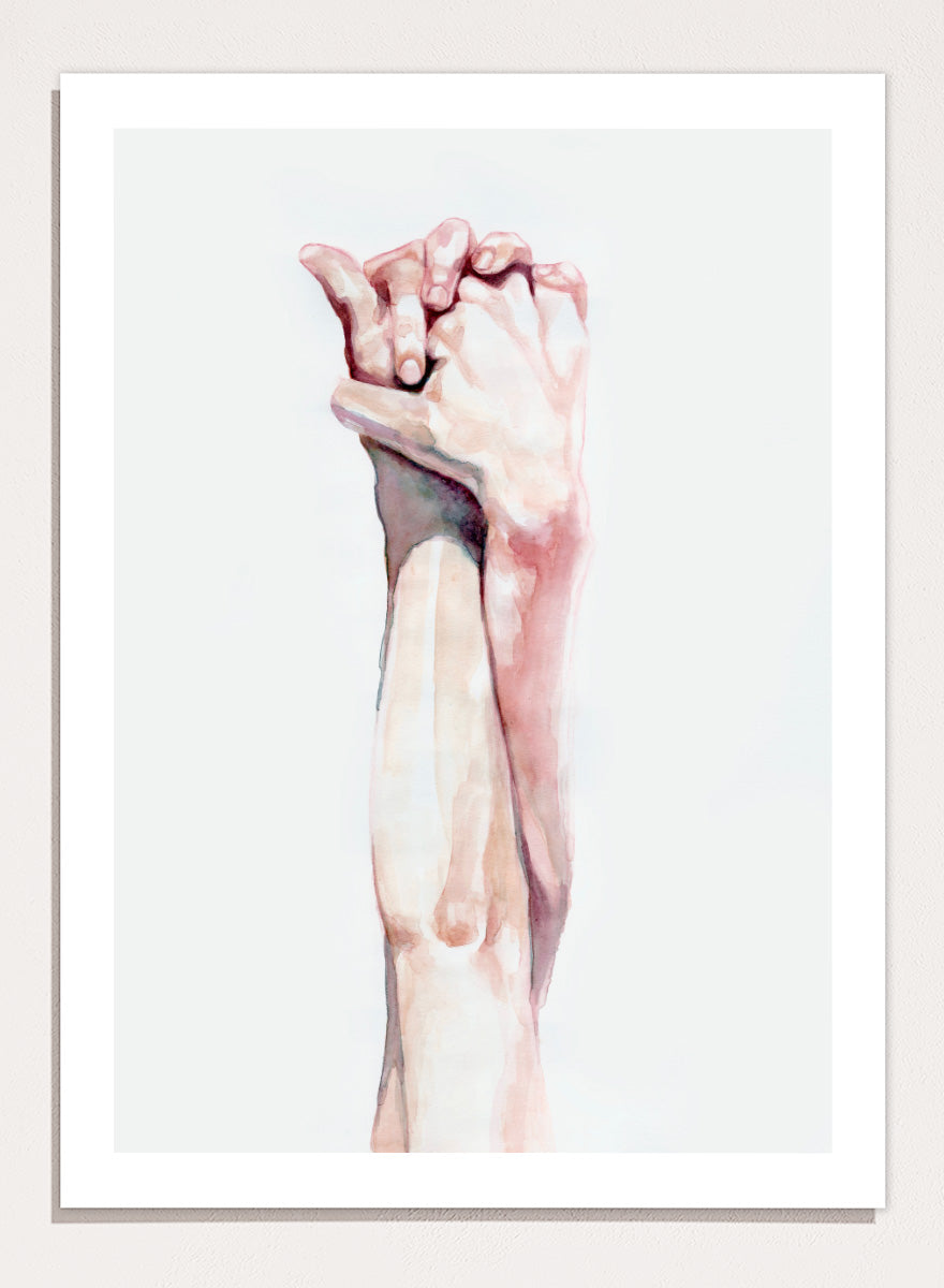 Shop Tender Hand Embrace by Sophia Novosel, a soft figurative wall art print poster featuring two hands intertwined in pink, peach, and cream watercolor tones.