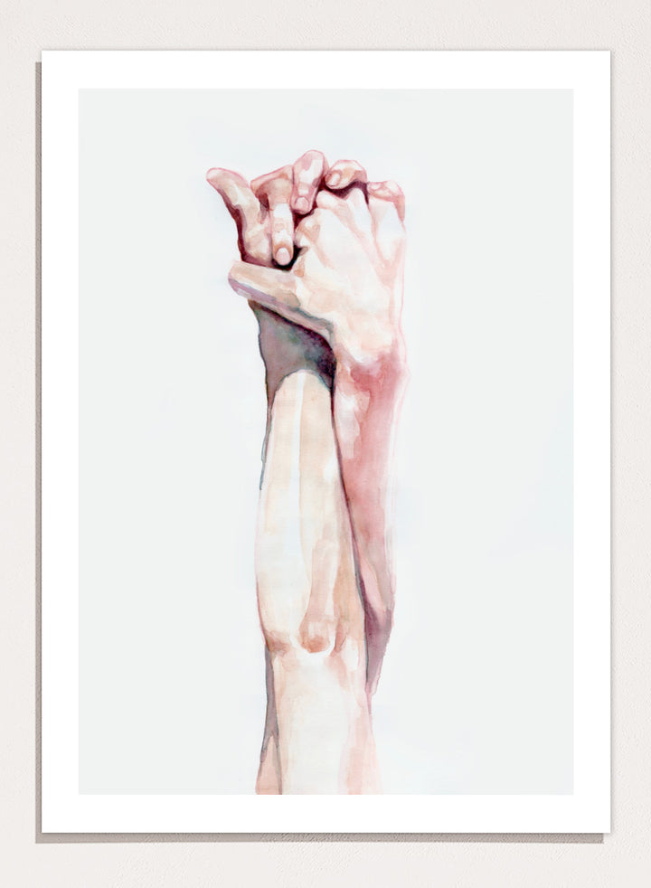 Shop Tender Hand Embrace by Sophia Novosel, a soft figurative wall art print poster featuring two hands intertwined in pink, peach, and cream watercolor tones.