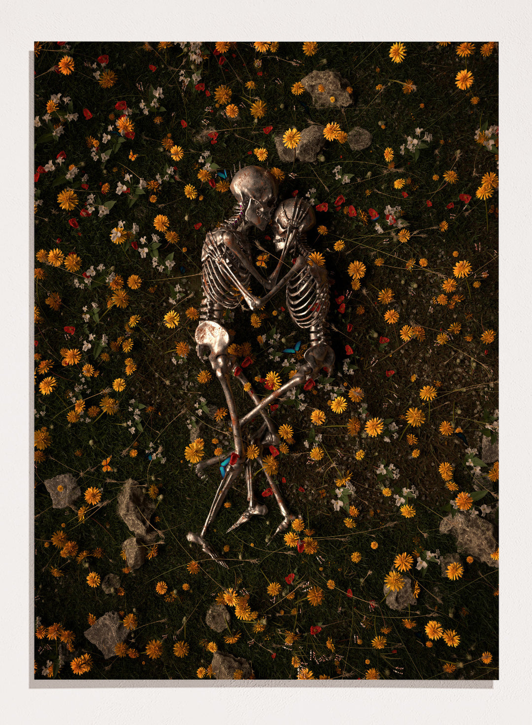 Skeletons In Love by Nicebleed is a surreal skeleton couple art print featuring intertwined skeletons in a floral field, modern aesthetic wall poster.