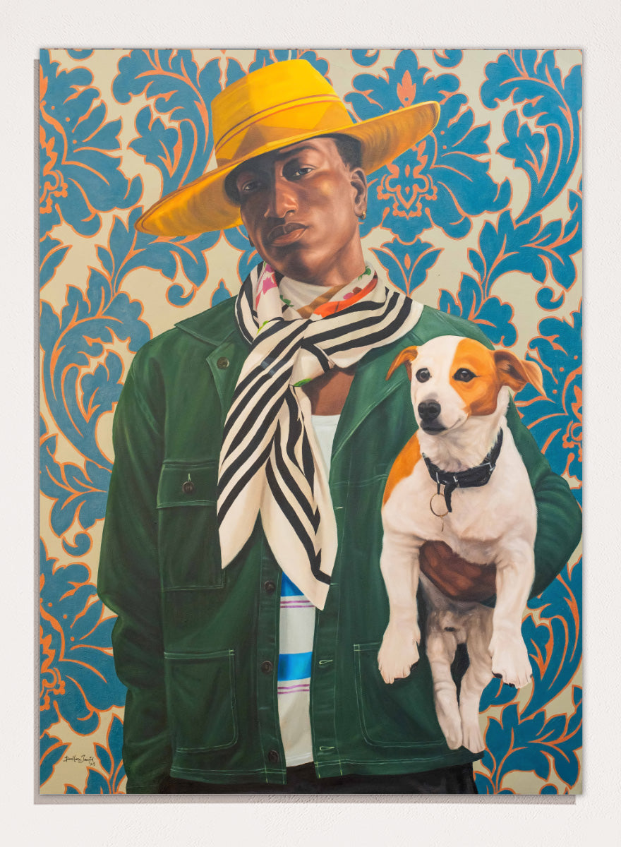 A stylized portrait painting of a person wearing a wide yellow hat, green jacket, and striped scarf, holding a white and tan dog against a blue and beige damask-patterned background. Shop Stylish Man and Dog by Damilare Jamiu, a contemporary figurative wall art print featuring a stylish man, small dog, bold fashion, and rich green and blue tones.