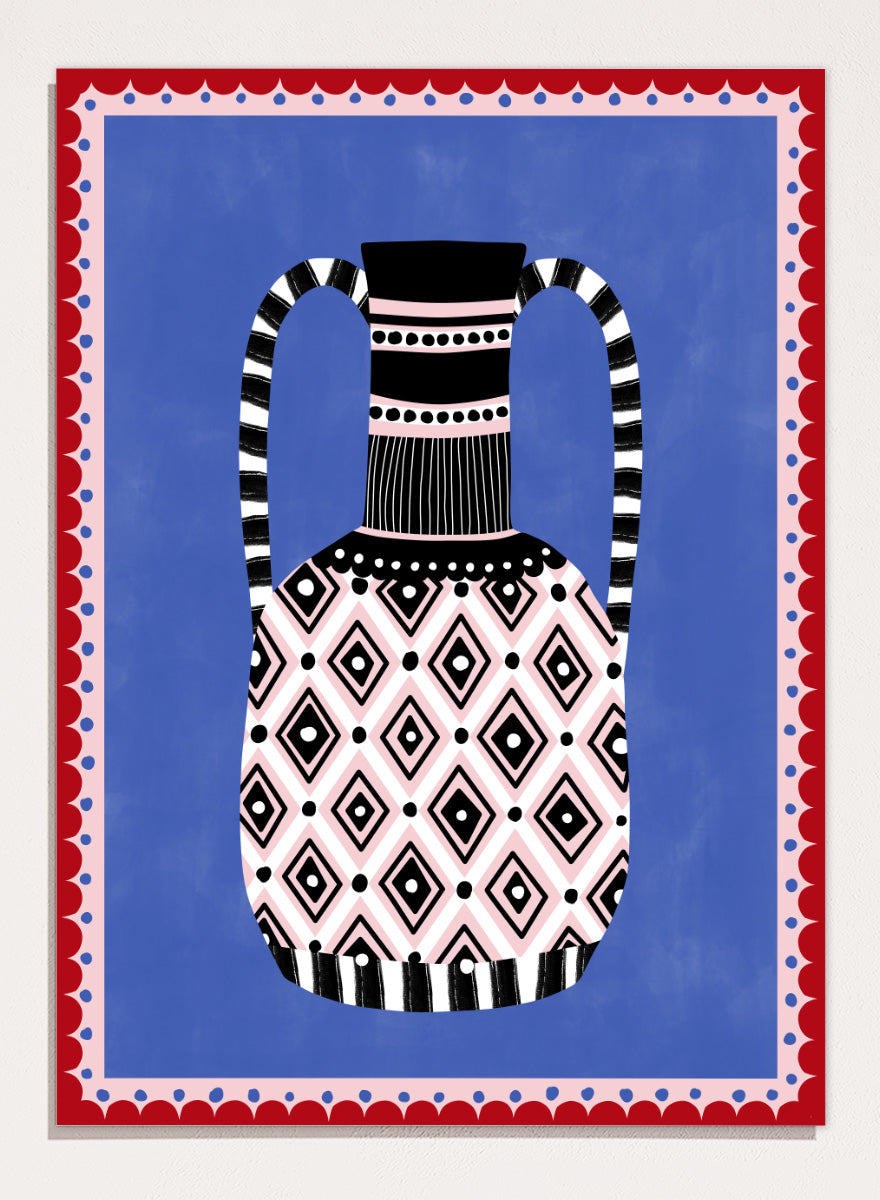 Shop Patterned Tribal Vase by Elena Ristova, a colorful wall art print poster featuring bold diamonds, stripes, pink, blue, black, and red details.