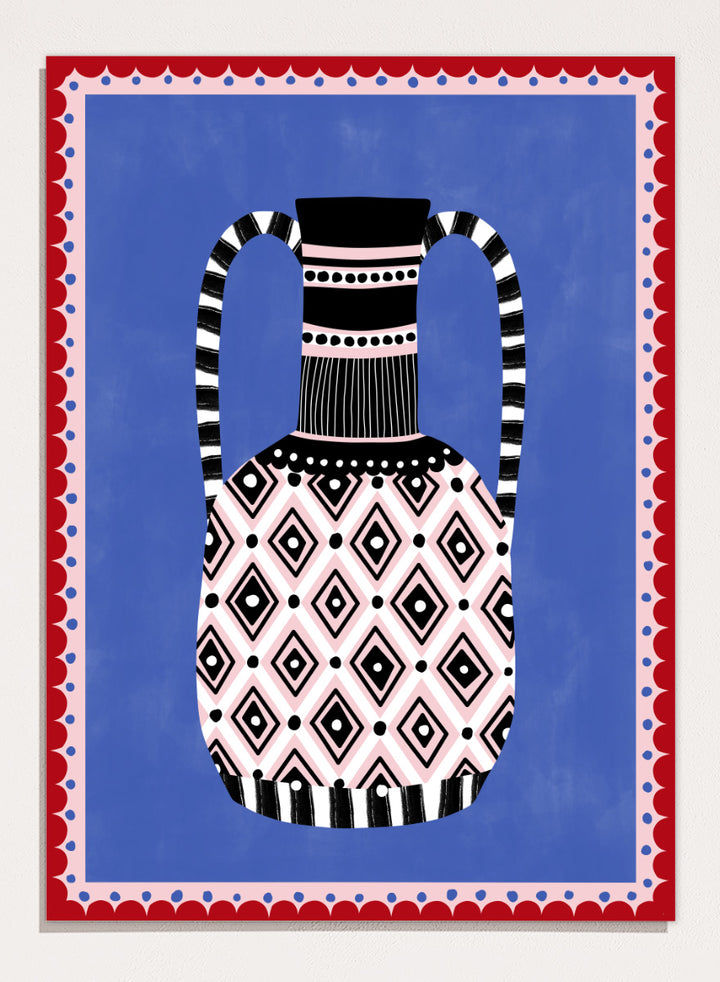 Shop Patterned Tribal Vase by Elena Ristova, a colorful wall art print poster featuring bold diamonds, stripes, pink, blue, black, and red details.