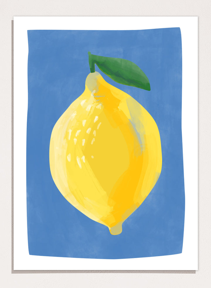 Shop Bright Yellow Lemon by Elena Ristova, a colorful lemon wall art print poster featuring an oversized yellow fruit, green leaf, and vivid blue background.