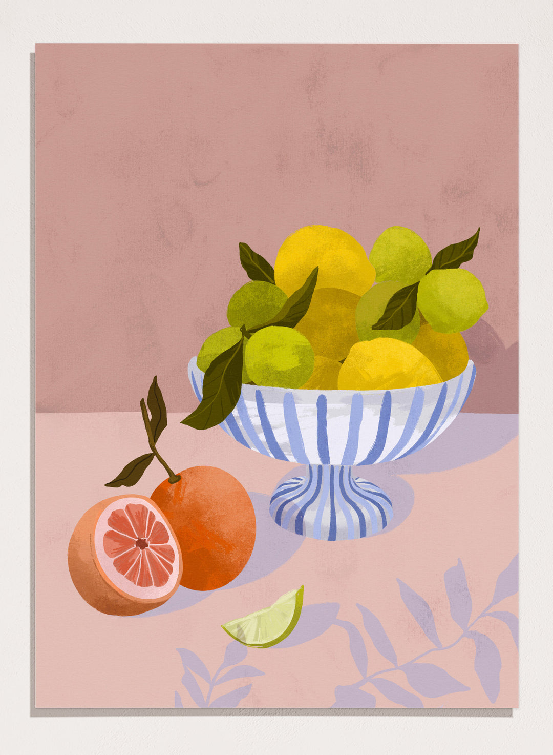 Illustration of a bowl with lemons and limes on a pink background. Bittersweet by Goed Blauw is a still life art print and wall poster with lemons, limes, and grapefruit in a striped bowl on a soft pink background.