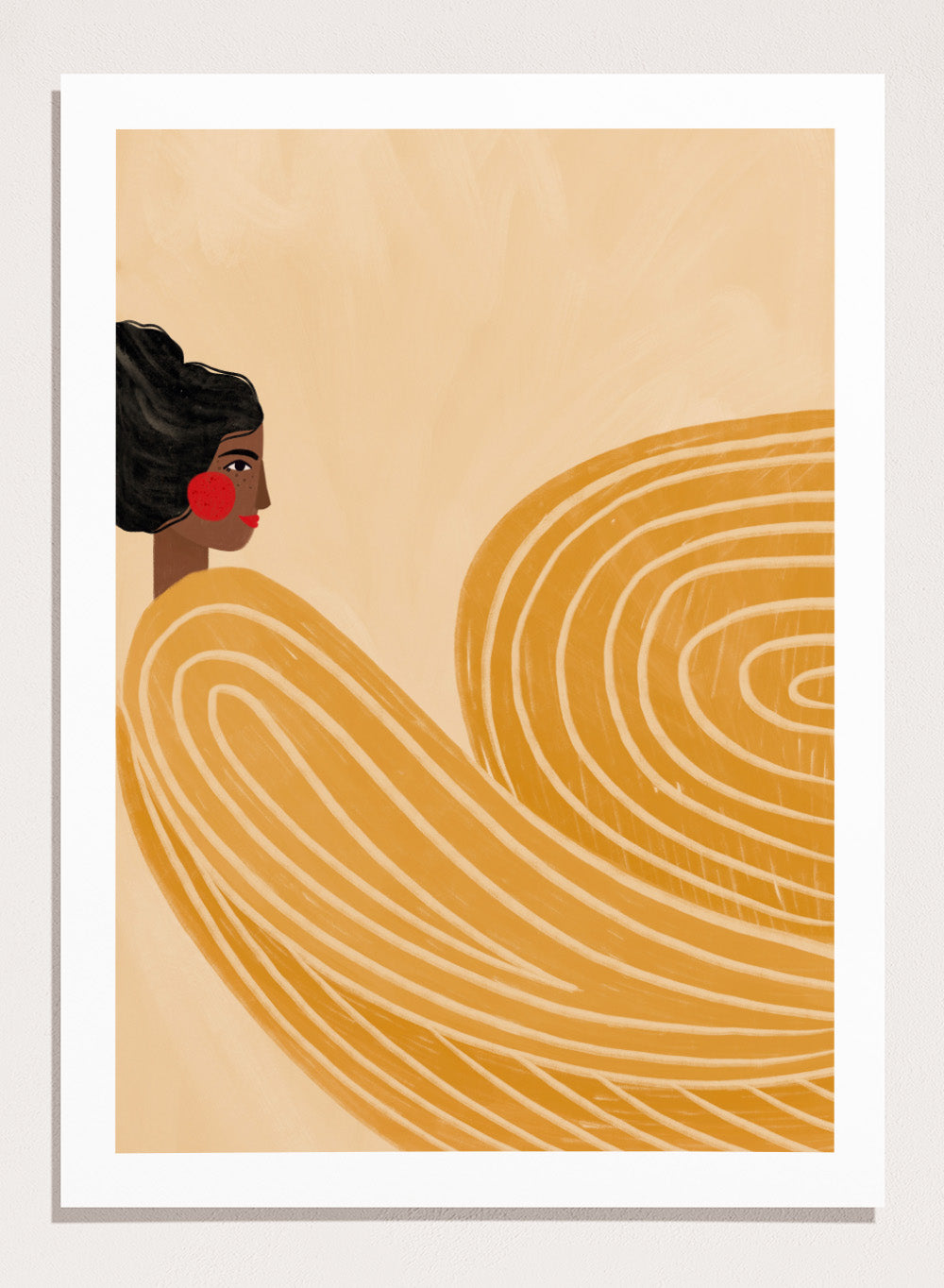 The Woman With the Yellow Stripes by Bea Müller is an officially licensed art print featuring flowing yellow lines and a warm modern portrait. Framed or unframed options available.