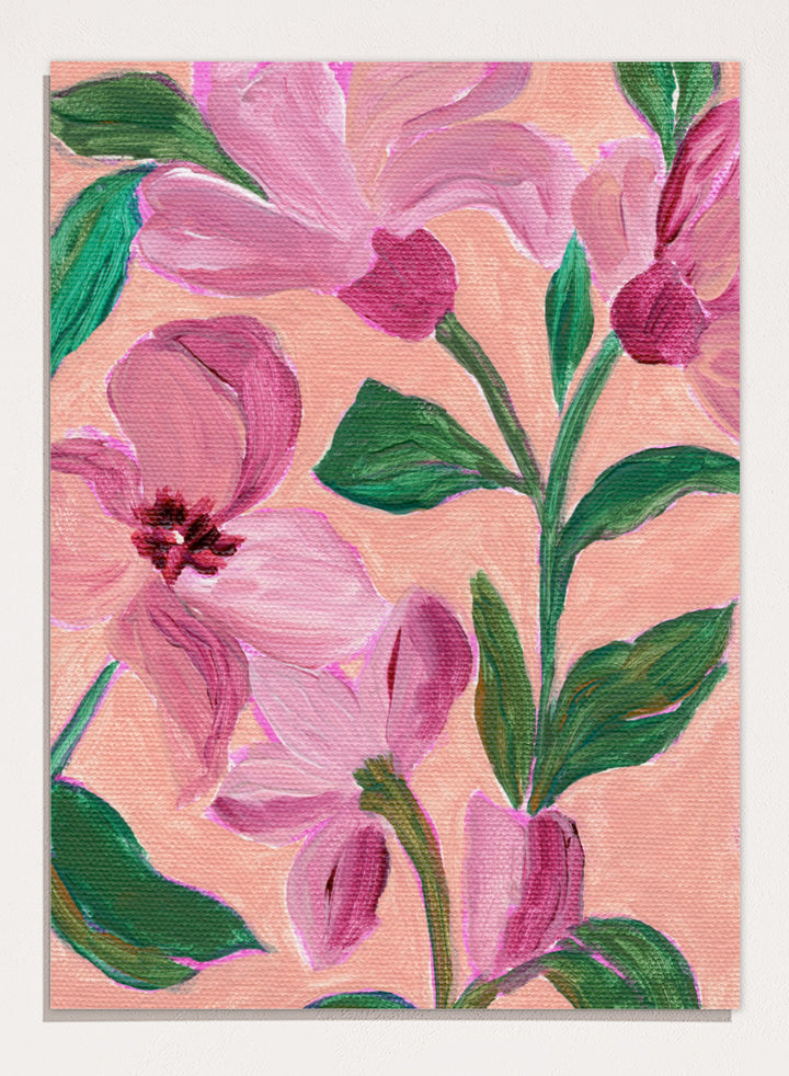 Shop Vibrant Pink Blooms by Nikita Jariwala, a floral wall art print poster featuring oversized pink flowers, lush green leaves, and a bold botanical composition.
