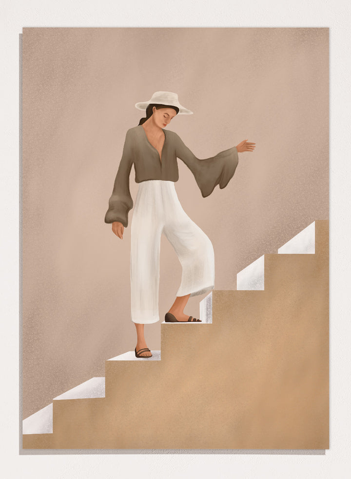 Woman in a brown top and white pants standing on beige steps with a neutral background. Elegant Woman Ascending by City Art is a modern figurative art print featuring a stylish woman on stairs in warm neutrals, white trousers, and an olive blouse.