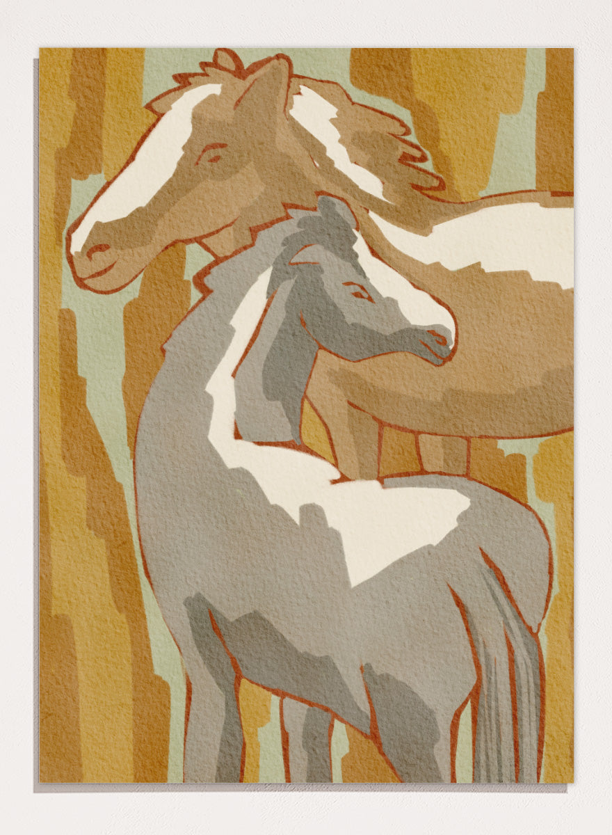 Shop Calm Horse Family by Nikita Jariwala, a modern horse wall art print featuring two horses in soft abstract shapes with warm ochre, cream, gray, and beige tones.