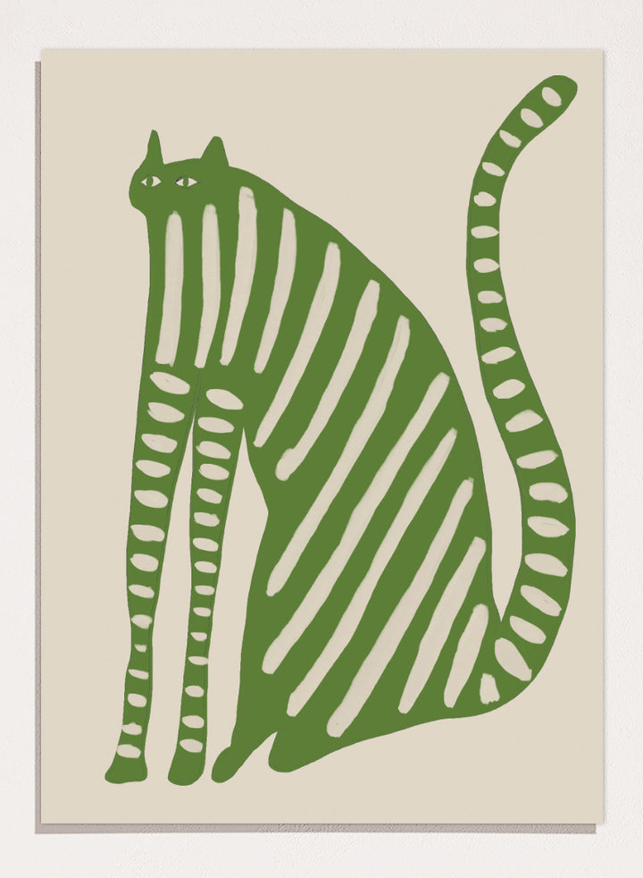 A stylized green cat illustration with vertical cream stripes and dotted details on a beige background. Playful Green Striped Cat by The Art Concept cat art print featuring an elongated green cat with cream stripes, long legs, and an oversized curved tail.