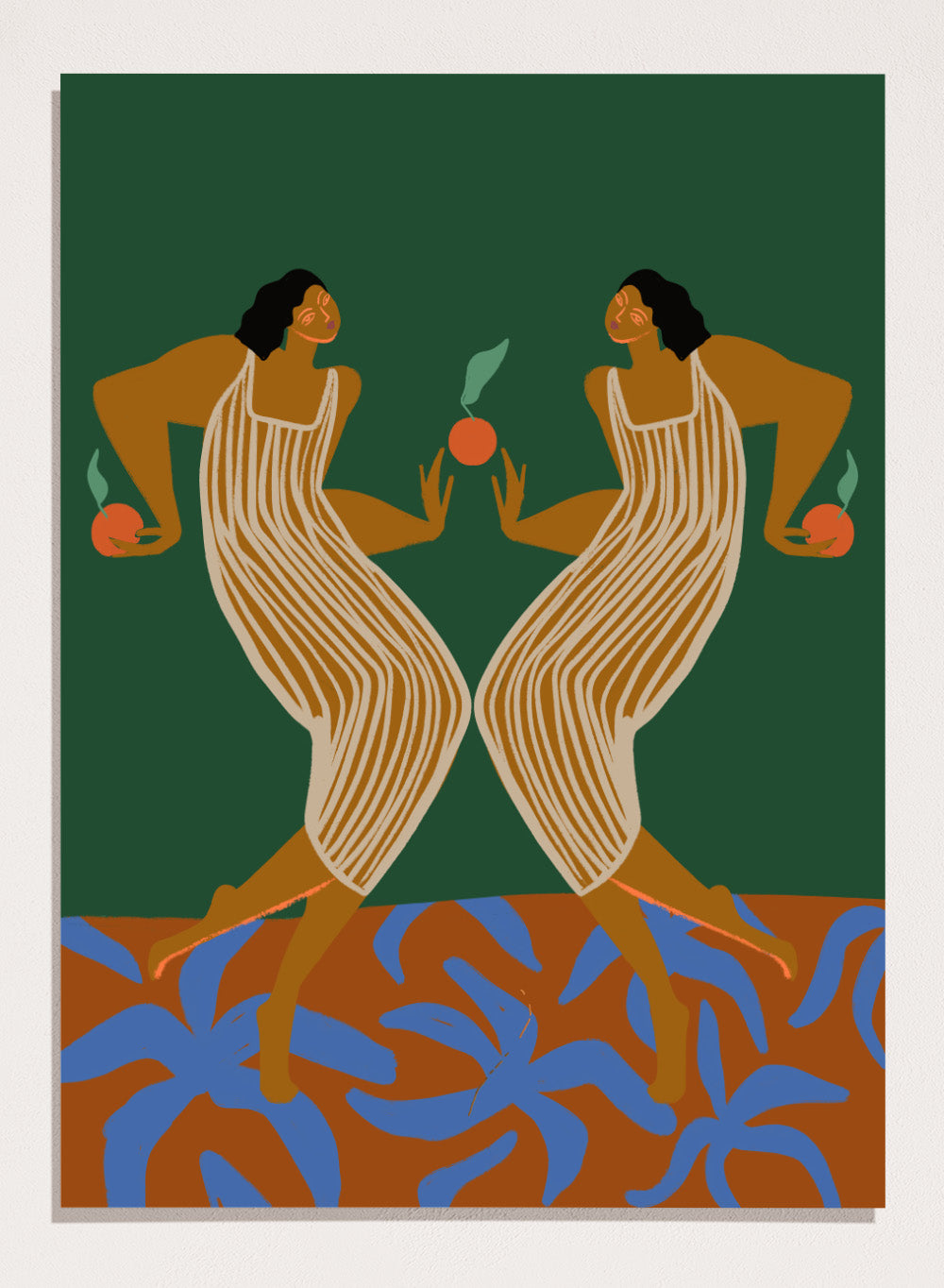 Artistic depiction of two women in a mirror, holding apples, with a green background and blue plant-like shapes at the bottom. Mirror by Arty Guava art print, modern woman illustration with oranges, contemporary figurative wall poster in bold green and warm tones.