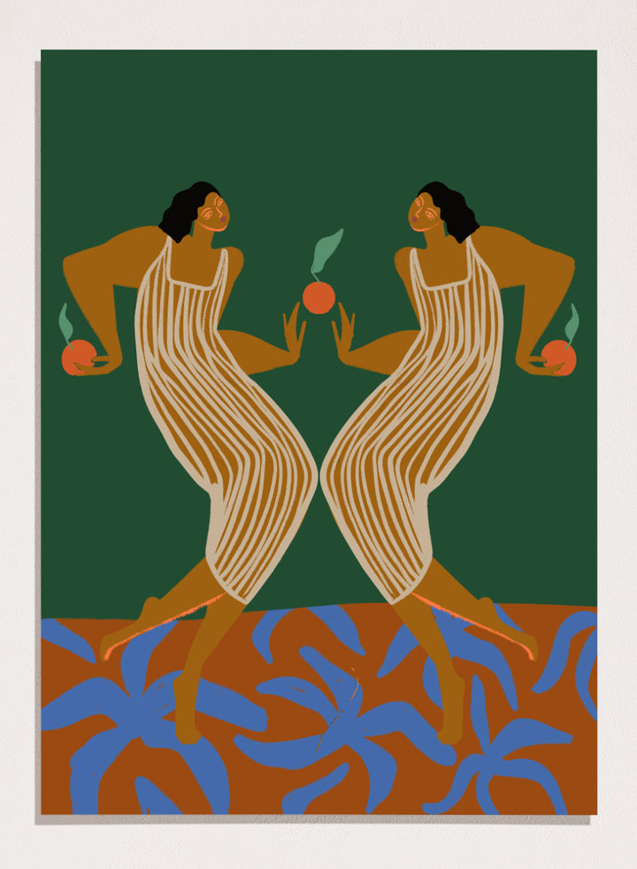 Artistic depiction of two women in a mirror, holding apples, with a green background and blue plant-like shapes at the bottom. Mirror by Arty Guava art print, modern woman illustration with oranges, contemporary figurative wall poster in bold green and warm tones.