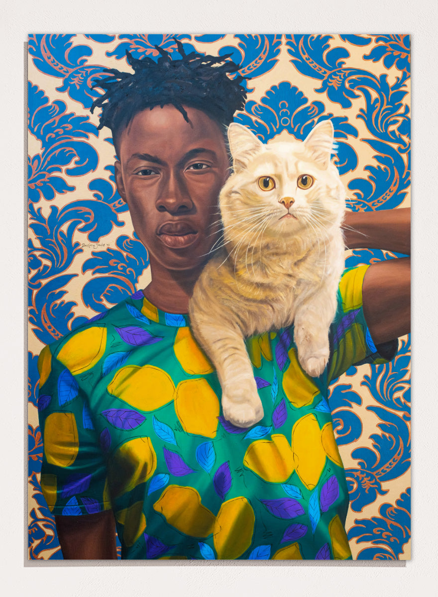 A stylized portrait artwork of a person holding a white cat, set against a blue and beige damask pattern background. Shop Man and Cat Portrait by Nigerian artist Damilare Jamiu, a contemporary portrait art print with a cream cat, bold fashion, and rich green and blue tones.