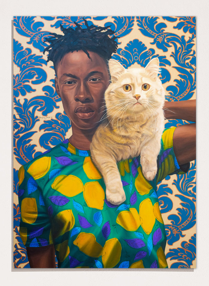A stylized portrait artwork of a person holding a white cat, set against a blue and beige damask pattern background. Shop Man and Cat Portrait by Nigerian artist Damilare Jamiu, a contemporary portrait art print with a cream cat, bold fashion, and rich green and blue tones.