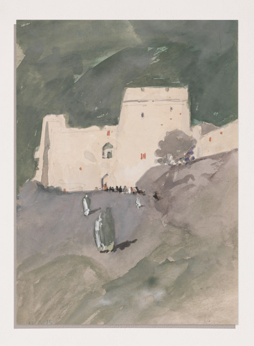 A watercolor painting of a white stone fortress or castle on a hillside, with dark green mountains in the background and small figures near the entrance. A Moorish Citadel by Hercules Brabazon Brabazon is a vintage watercolor art print featuring a pale fortress, figures, rocky ground, and dark green hills.