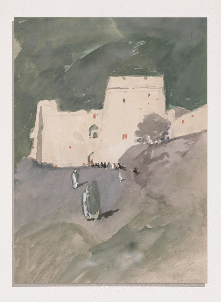 A watercolor painting of a white stone fortress or castle on a hillside, with dark green mountains in the background and small figures near the entrance. A Moorish Citadel by Hercules Brabazon Brabazon is a vintage watercolor art print featuring a pale fortress, figures, rocky ground, and dark green hills.