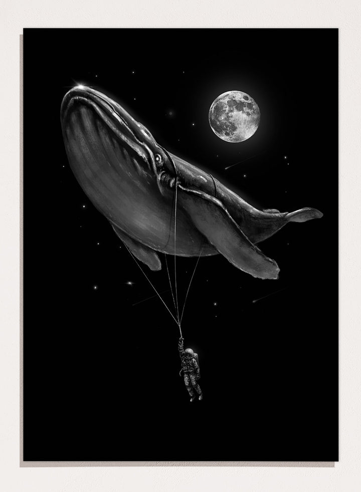 Black and white illustration of a large whale balloon with a person attached, set against a starry night sky with a moon. Cosmic Whale Ride by Nicebleed is a surreal space art print featuring an astronaut hanging from a floating whale, modern aesthetic wall poster.