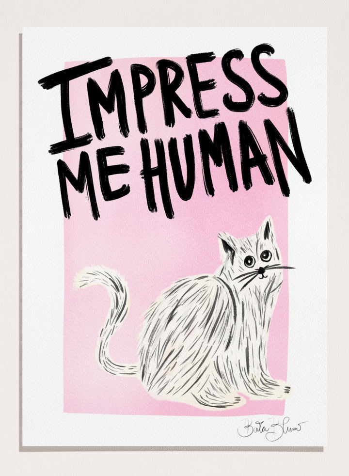 Cartoon cat with 'Impress Me Human' text on a pink background. Cat Owner. Impress Me Human by Baroo Bloom is a playful cat art print featuring hand-drawn illustration and humorous typography. Officially licensed wall poster with optional framing.