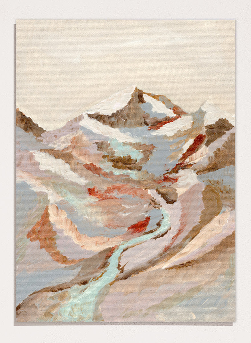 An abstract landscape painting of a snow-capped mountain range with a winding pale blue river, rendered in textured brushstrokes of beige, brown, gray, and muted red tones. Shop Painted Mountain River by Nikita Jariwala, a mountain landscape wall art print poster featuring a winding river, snowy peaks, and soft blue tones.