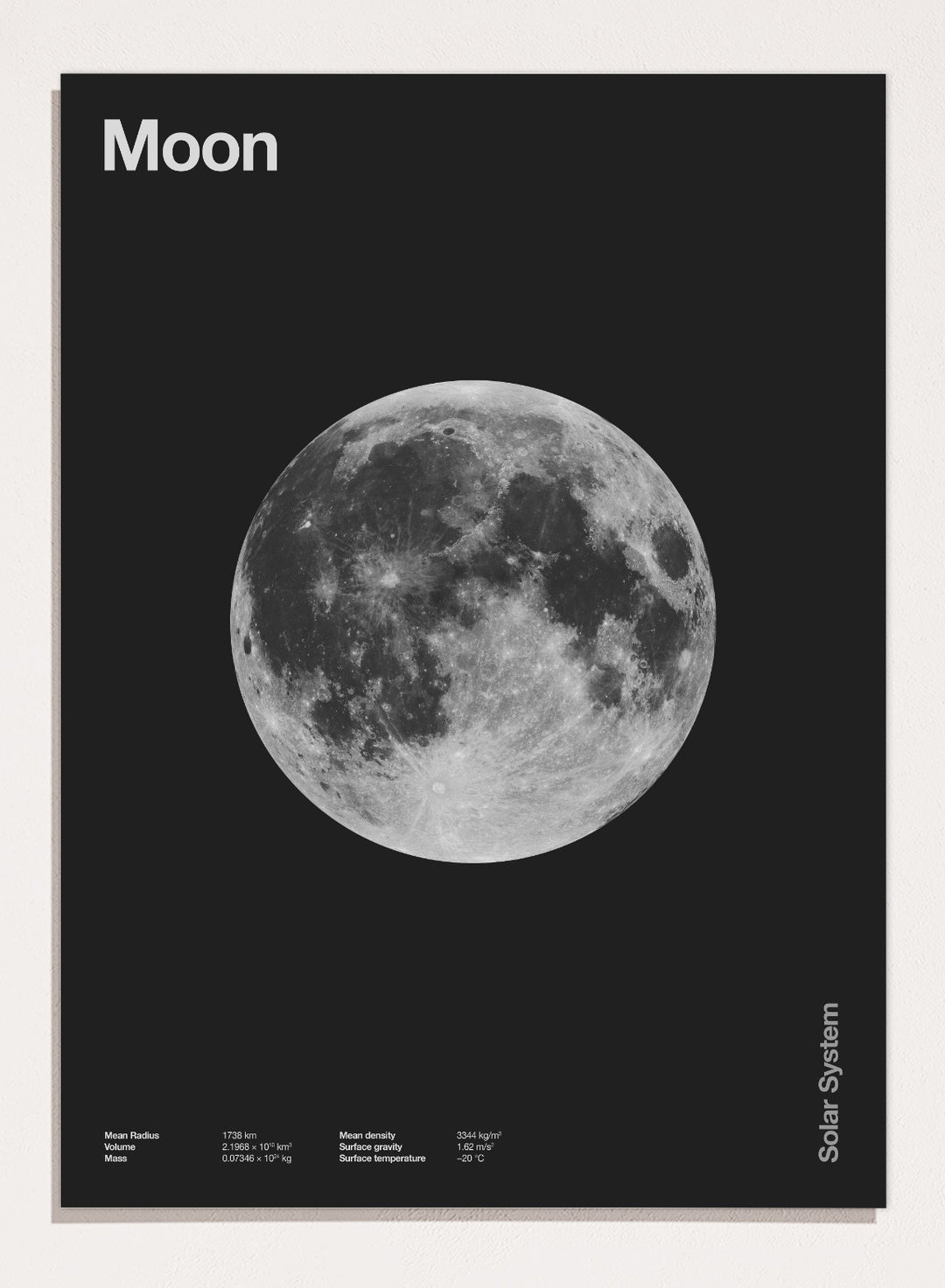 Poster of the moon with 'Moon' text at the top and 'Solar System' text at the bottom. The Full Moon by Florent Bodart is a minimalist space art print with detailed lunar surface, a modern black wall poster inspired by astronomy and science design.